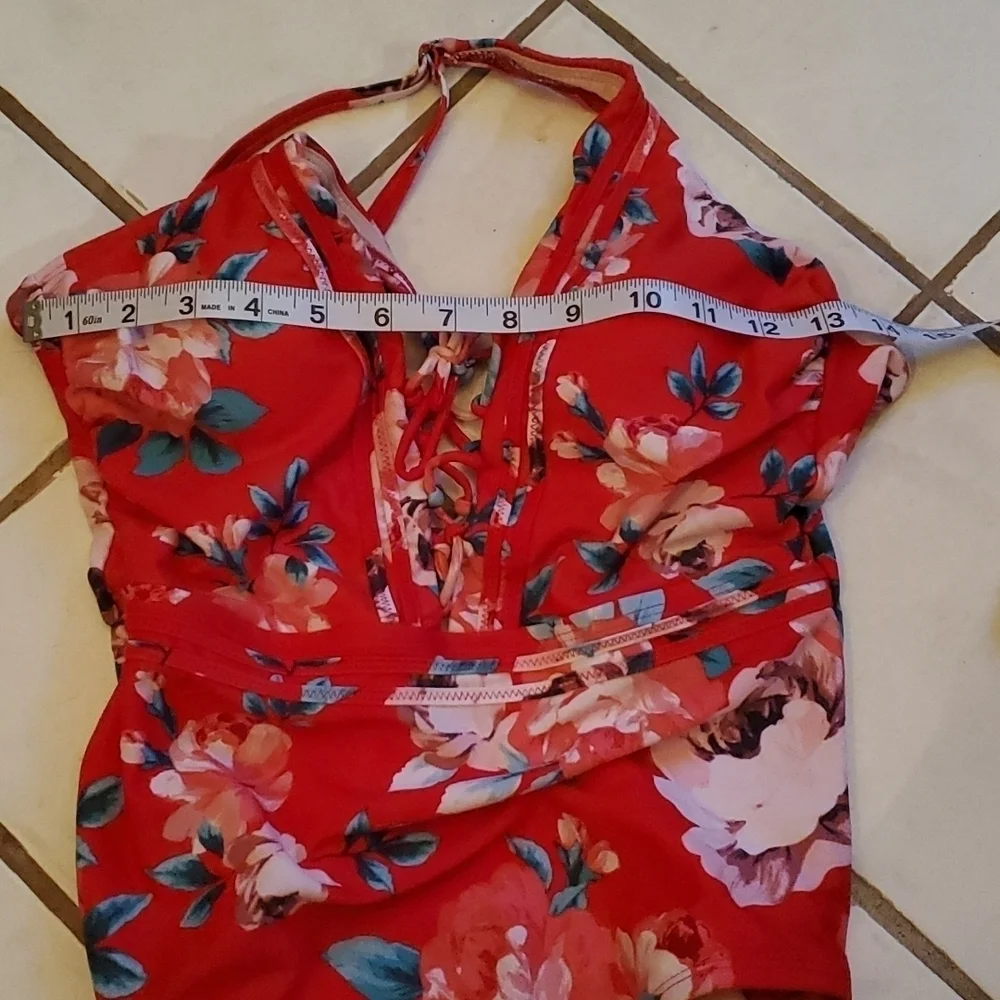 Kona Sol Swimsuit Small Red Floral Full Piece One Piece